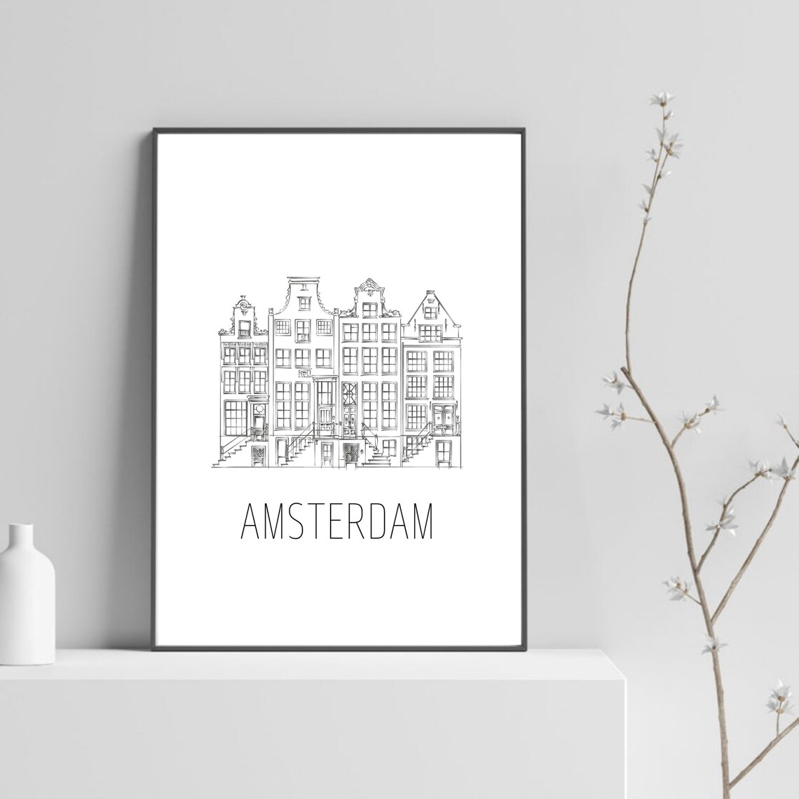 Amsterdam Canal Houses Line Art Sketch Minimalist Travel Poster