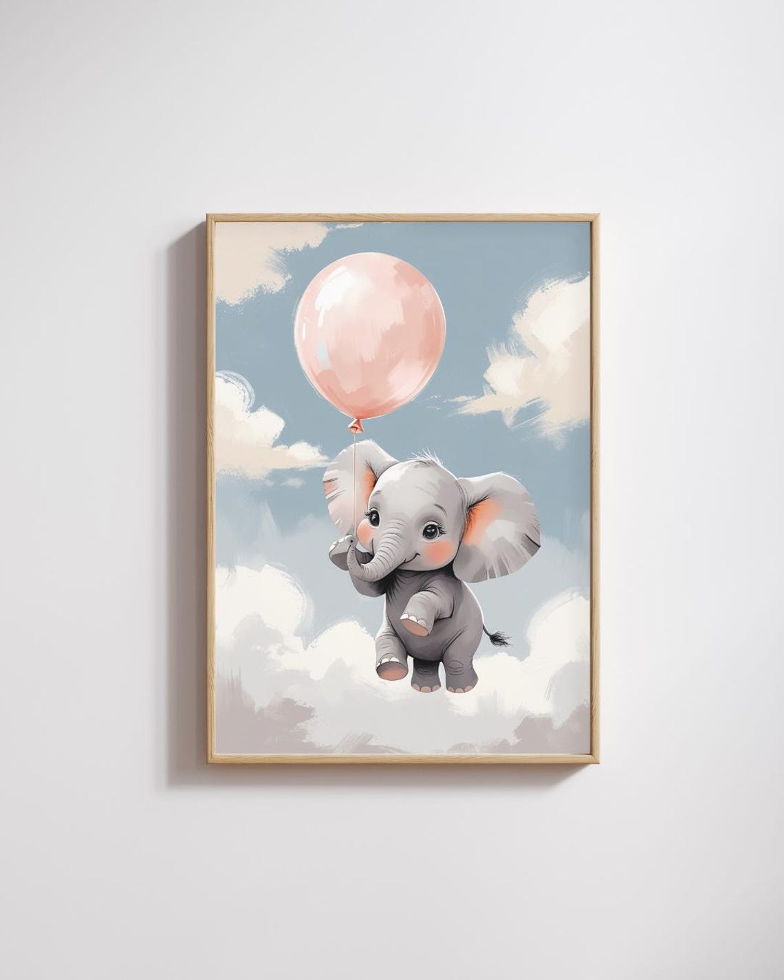 Baby Elephant Pink Balloon Clouds Pastel Dreamy Nursery Wall Poster