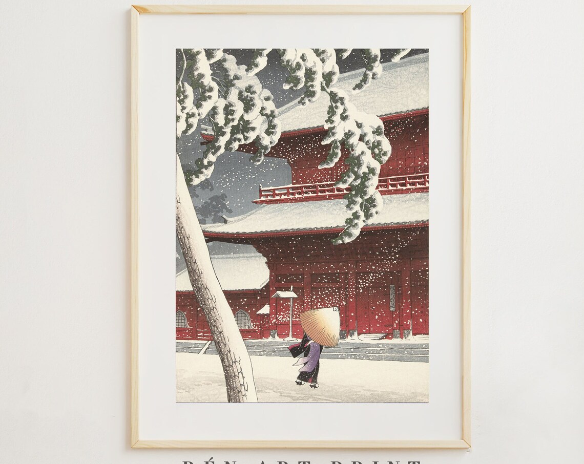 Red Temple in Snow Japanese Woodblock Style Winter Art Poster