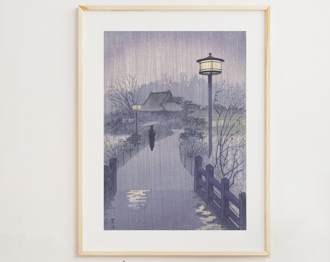Japanese Woodblock Evening Rain Bridge Scene Lanterns Umbrella Print