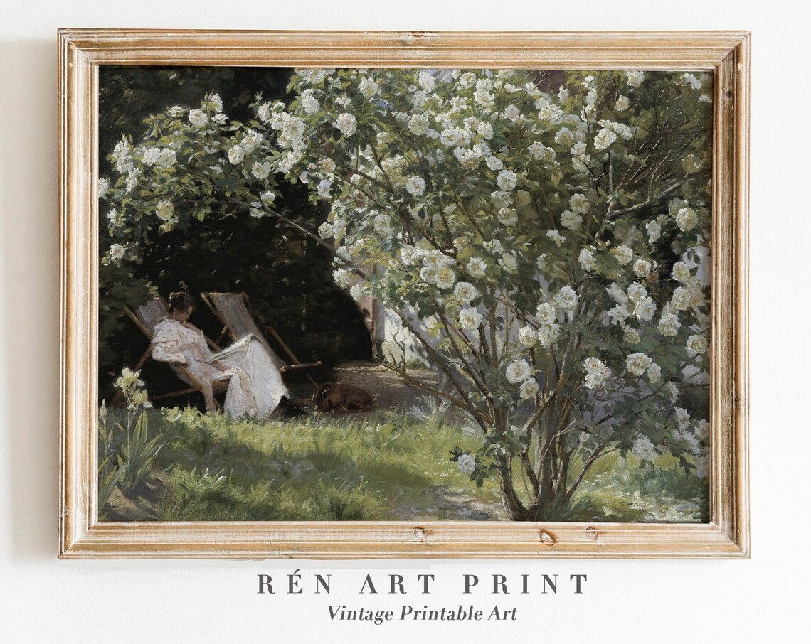 Rose Garden Painting, Vintage French Country Art Print
