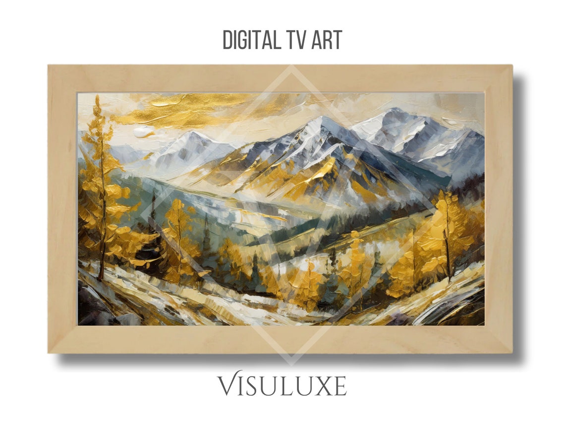 Golden Autumn Mountain Valley Pines Snow Peaks Impasto Painting Poster - Image 3