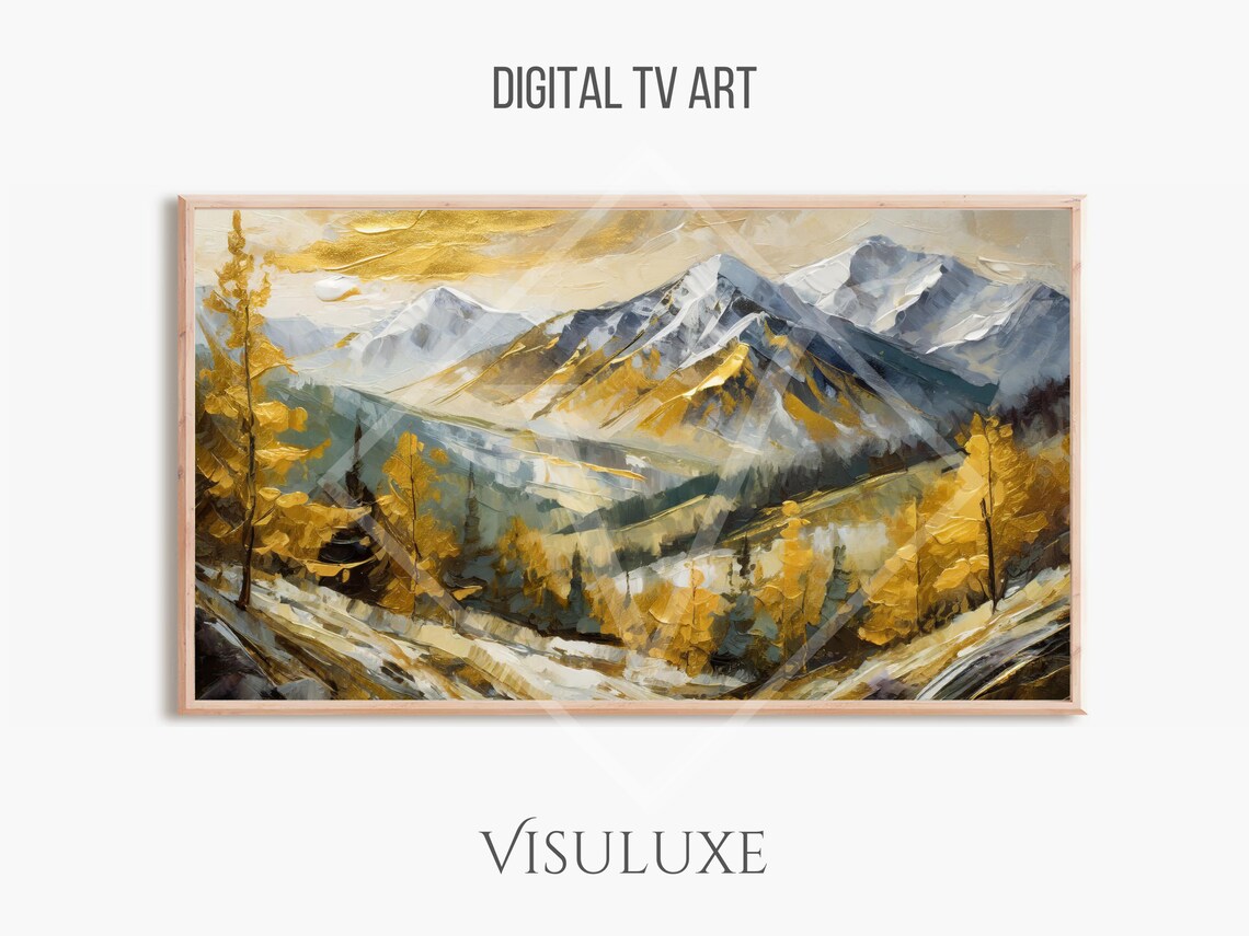 Golden Autumn Mountain Valley Pines Snow Peaks Impasto Painting Poster