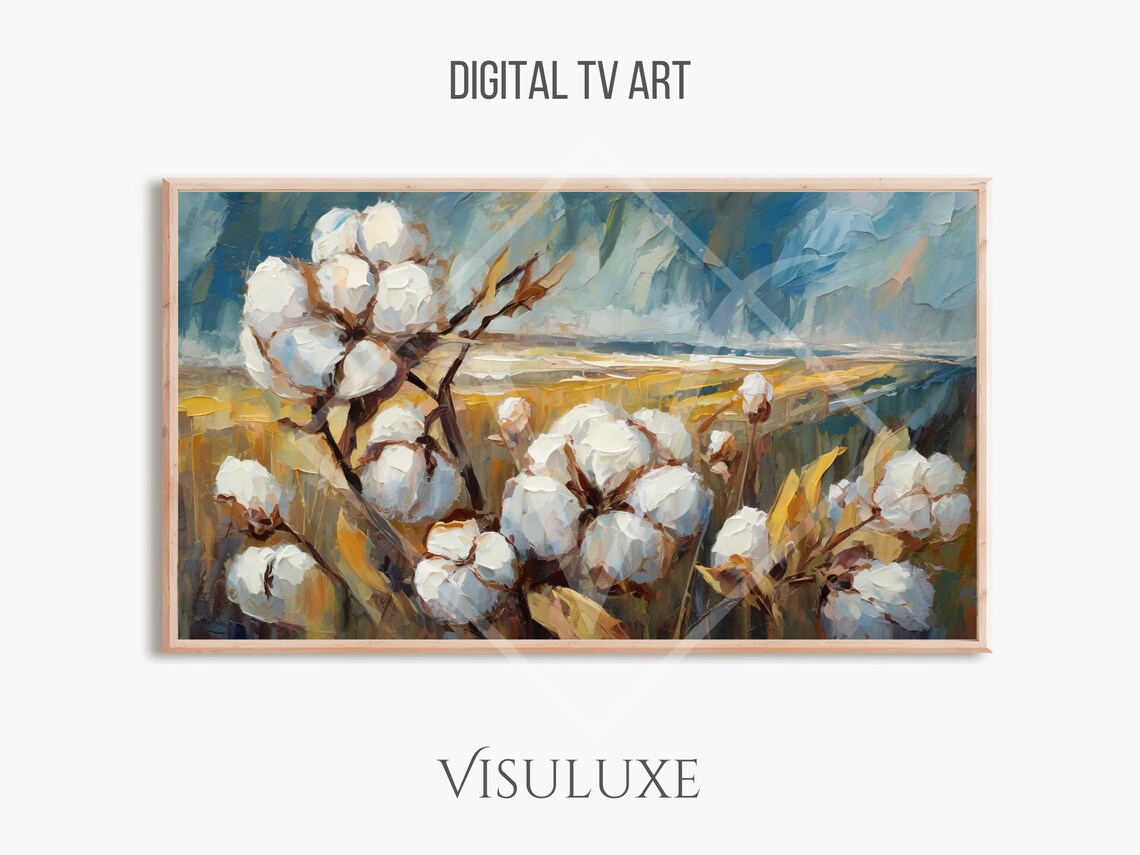 White Cotton Bolls Golden Field Impasto Farm Harvest Painting Poster