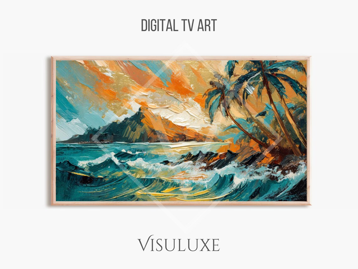 Tropical Hawaiian Ocean Waves Palm Trees Sunset Beach Painting Poster