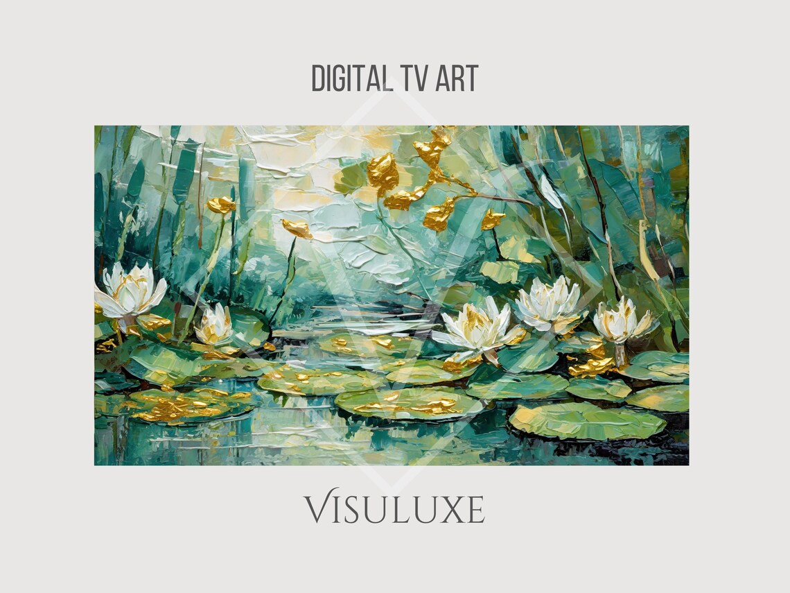 Water Lilies Golden Teal Pond Impasto Floral Nature Painting Wall Art - Image 2