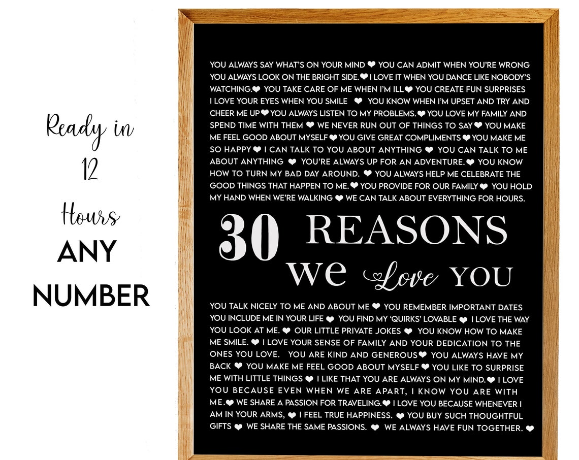 30 Reasons Why We Love You Black Script Elegant Love Note Poster
