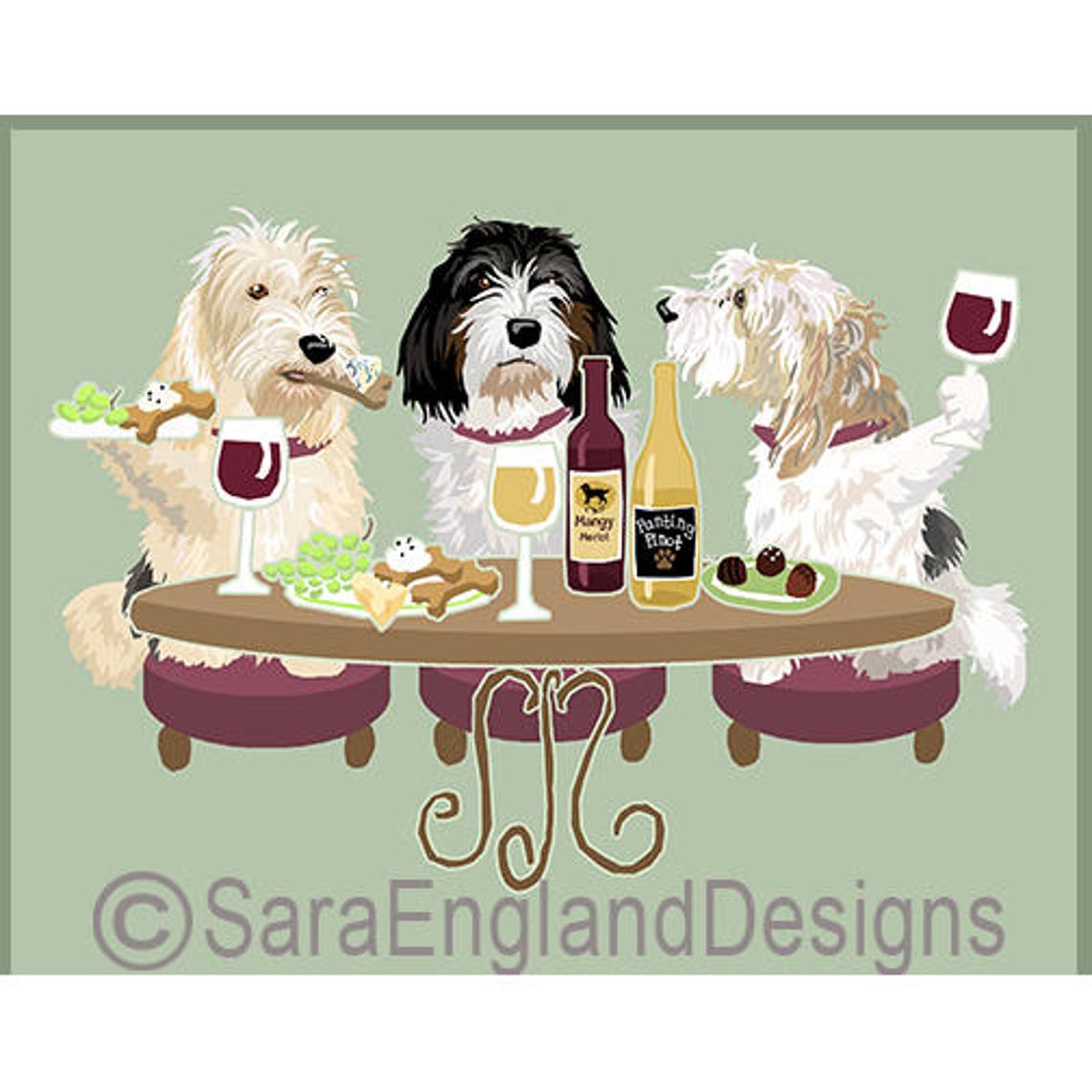 Three Petit Basset Griffon Vendeen Dogs Wine Tasting Funny Art Print
