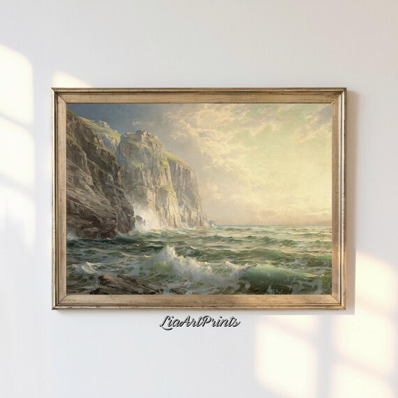 Towering Coastal Cliffs Ocean Waves Spray Rocky Shoreline Seascape Poster