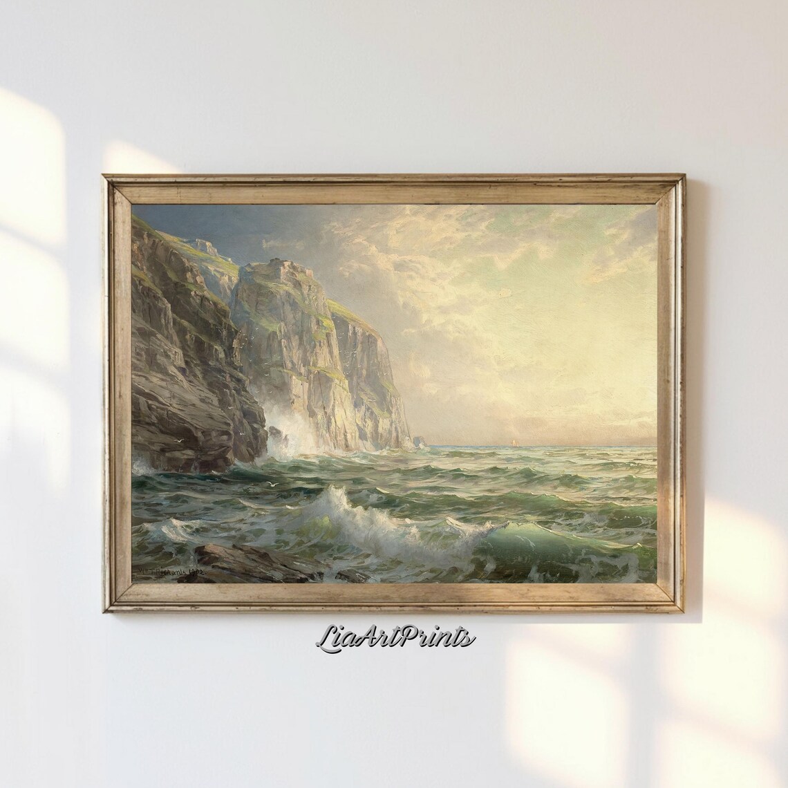 Towering Coastal Cliffs Ocean Waves Spray Rocky Shoreline Seascape Poster