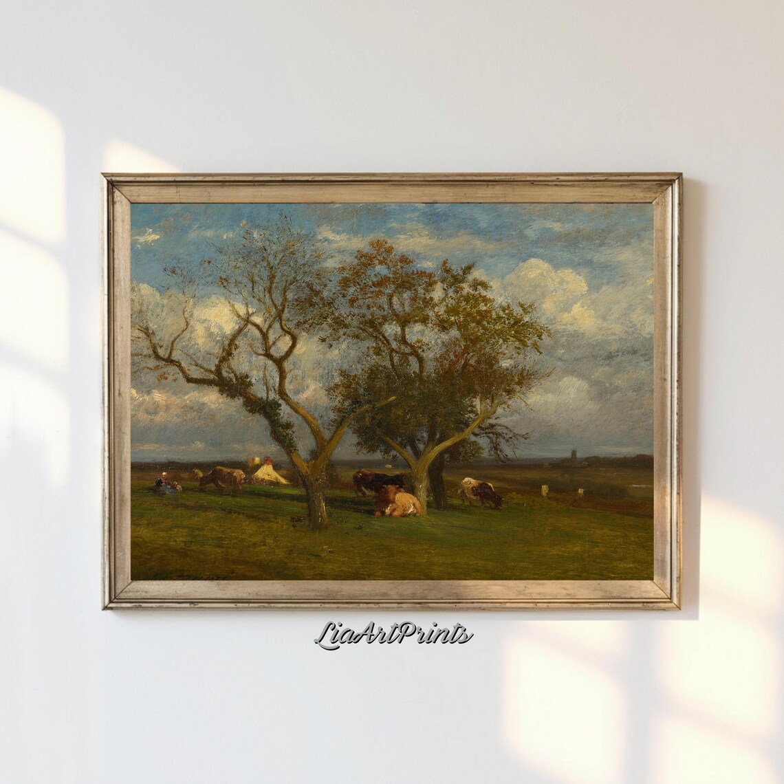 Pastoral Cows Resting Under Trees in a Wide Green Meadow Vintage Print