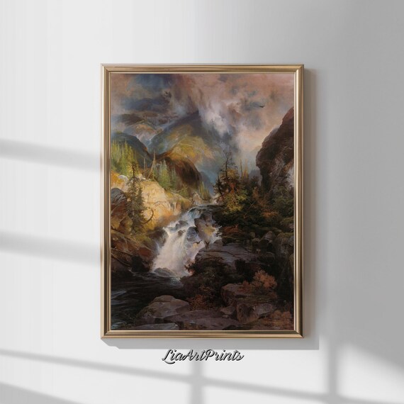 Waterfall Art Print Scenic Nature Wall Decor For Living Room Landscape Poster Rustic Mountain Painting