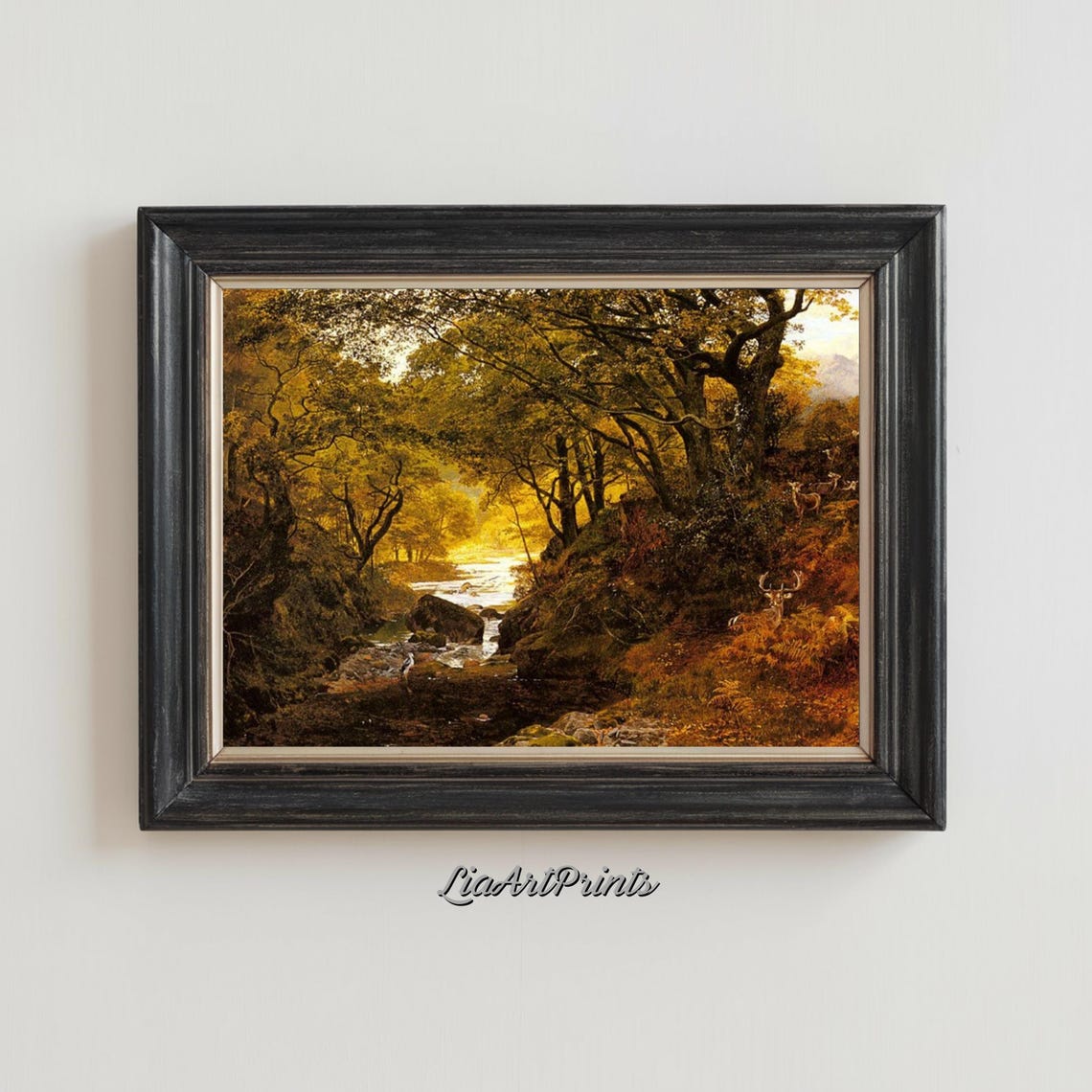 Golden Autumn Forest Ravine with Deer by a Mountain Stream Poster - Image 3