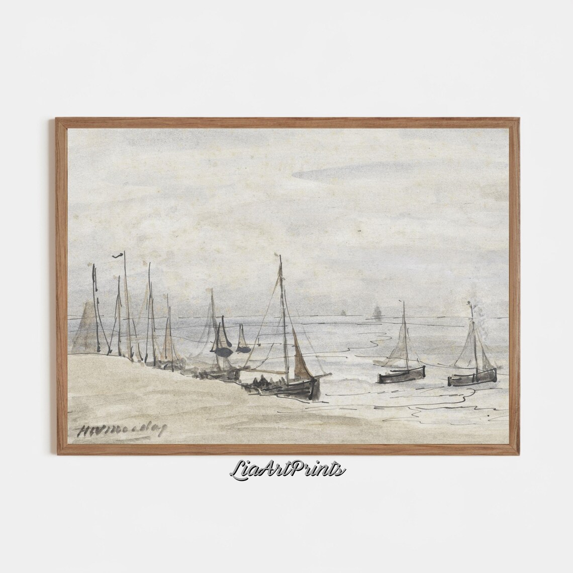 Minimalist Sailboat Sketch Ink Drawing Shore Boats Vintage Art Poster - Image 2