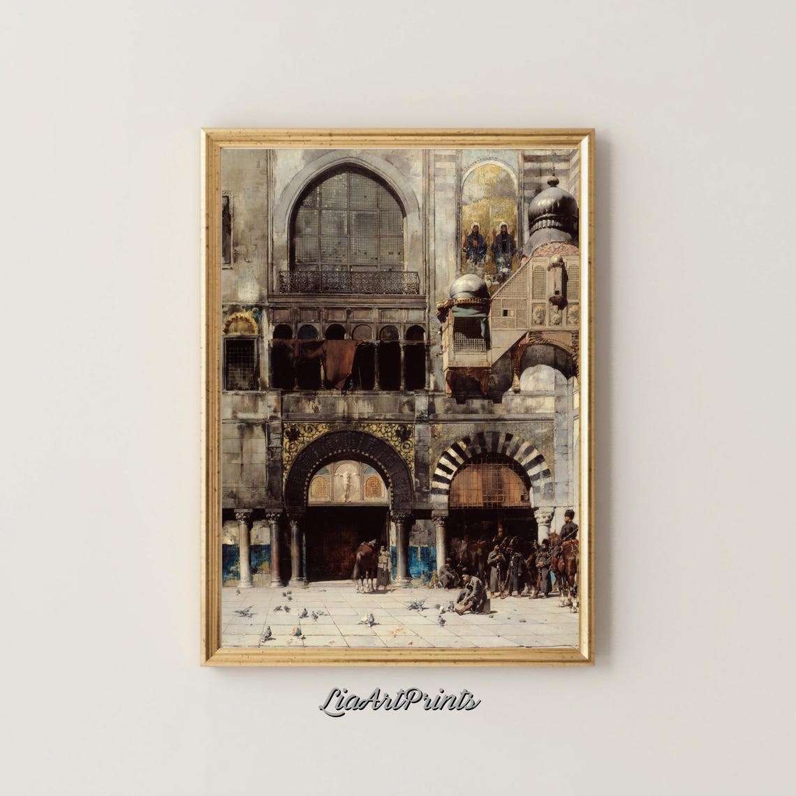 Orientalist Palace Courtyard with Horsemen Vintage Islamic Art Poster - Image 4