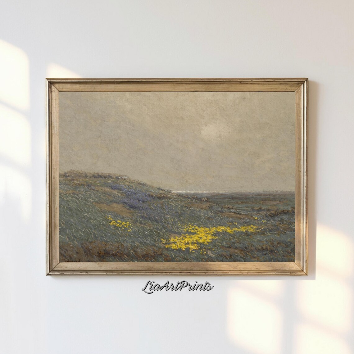 Serene Coastal Meadow Scene, Wildflower Hillside Art Print