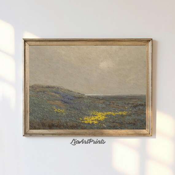 Serene Coastal Meadow Scene, Wildflower Hillside Art Print