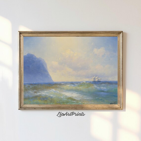 Sailing Ship on Green Ocean Waves Near a Rocky Cliff Vintage Nautical Print