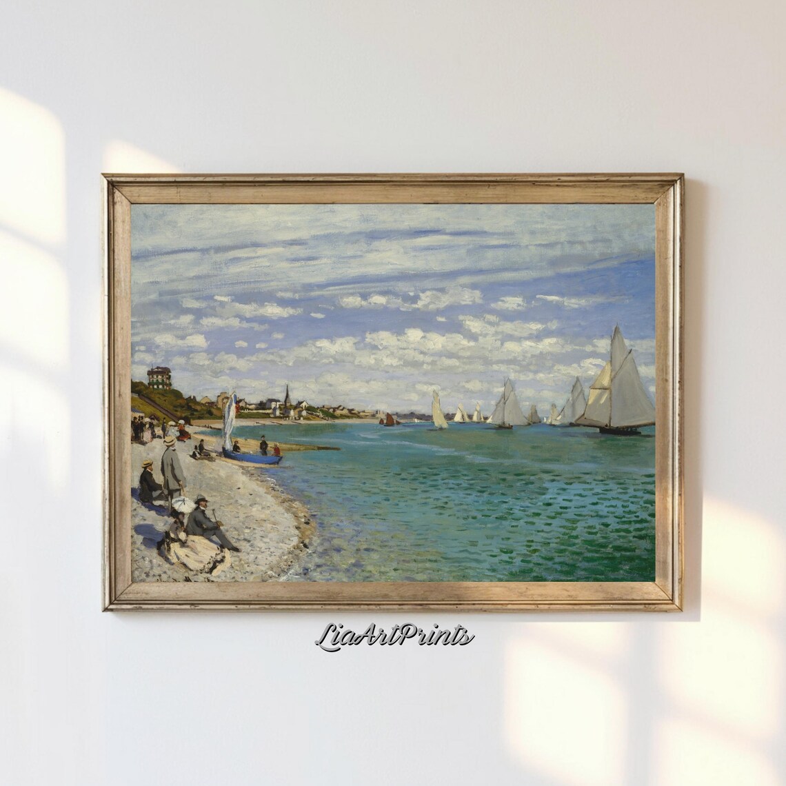 Impressionist Beach Scene with Regatta Sailboats and Shore Figures Poster