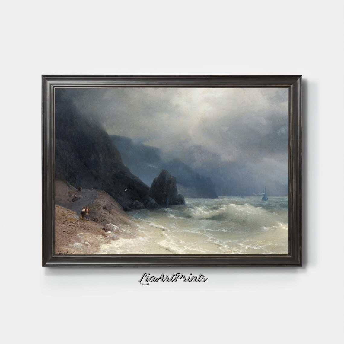 Stormy Coast with Waves and a Tall Ship Vintage Romantic Nautical Print - Image 4