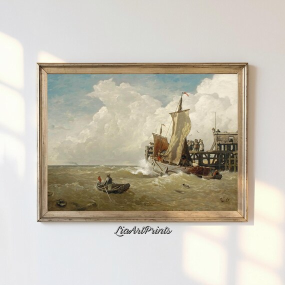 Sailing Boat Battling Stormy Waves Near a Wooden Pier Vintage Nautical Print
