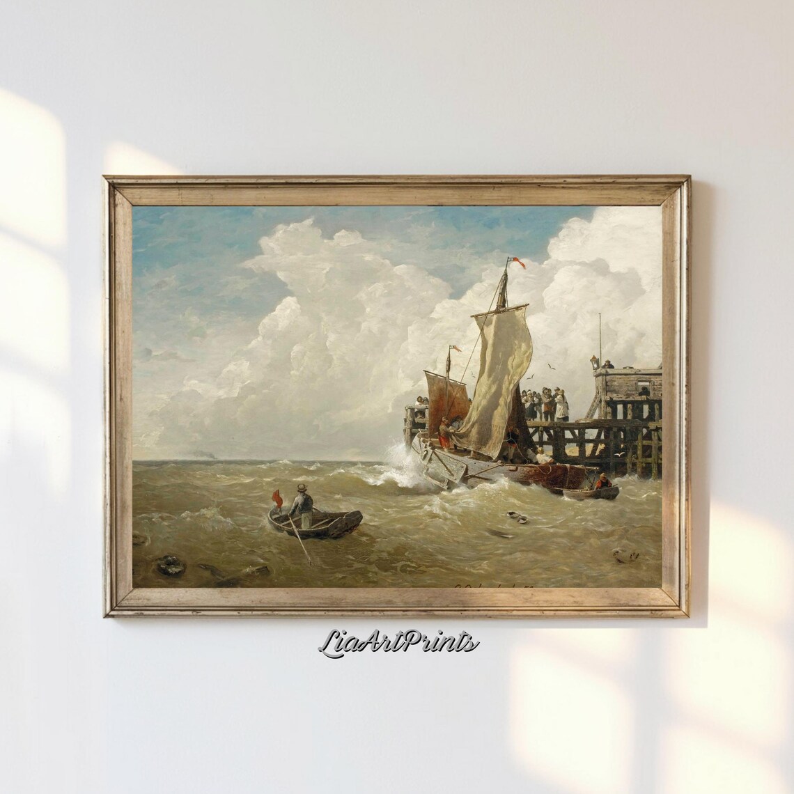 Sailing Boat Battling Stormy Waves Near a Wooden Pier Vintage Nautical Print