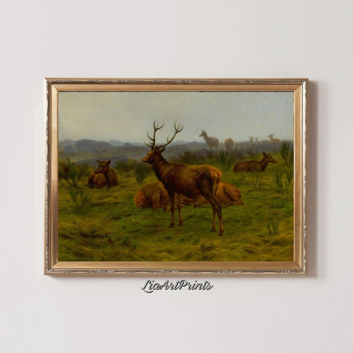 Majestic Stag Deer Herd Meadow Rustic Wildlife Painting Poster - Image 2