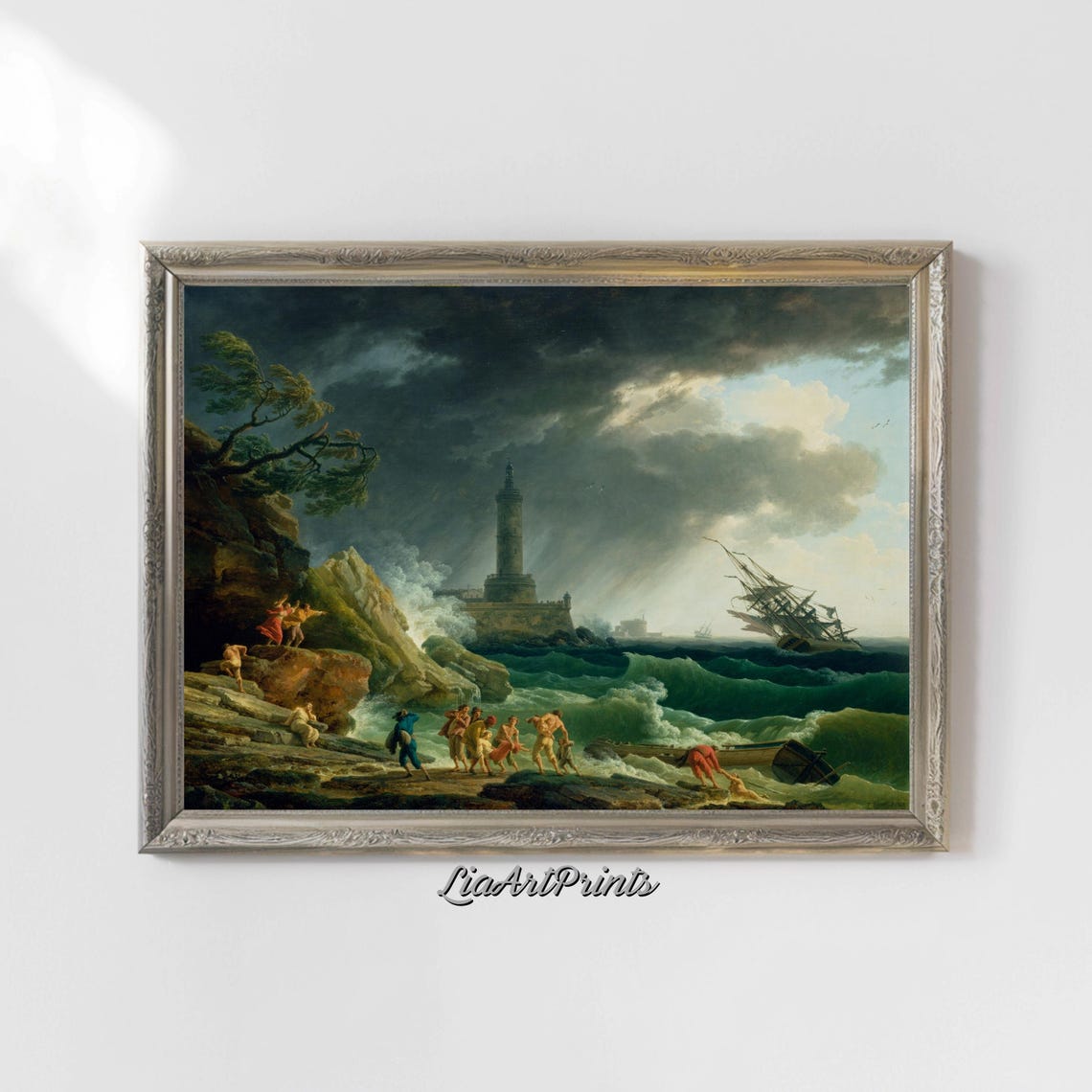 Stormy Lighthouse Shipwreck Dramatic Sea Rescue Antique Marine Poster - Image 4