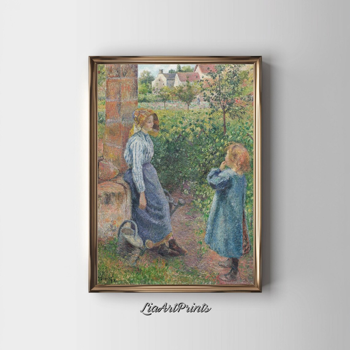 Woman with Child in a Sunny Walled Garden Pointillist Vintage Poster - Image 2