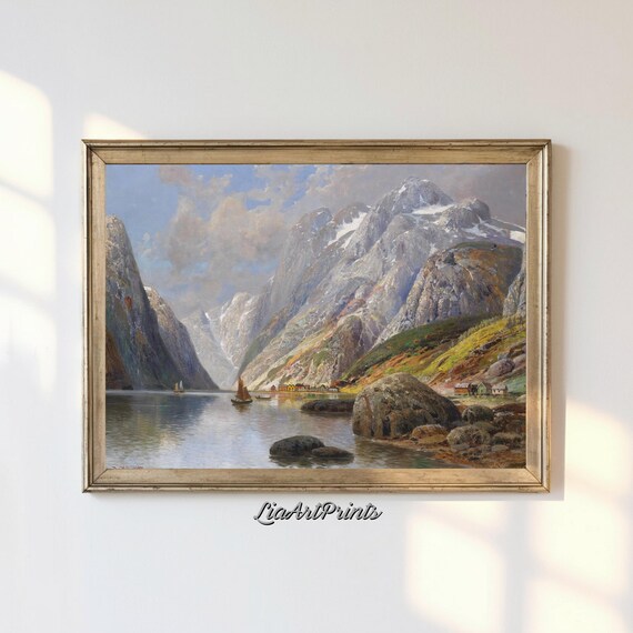 Mountain Fjord Landscape Wall Art Print Vintage Nature Artwork Scandinavian Decor Gallery Wall Print Rustic Wall Decor