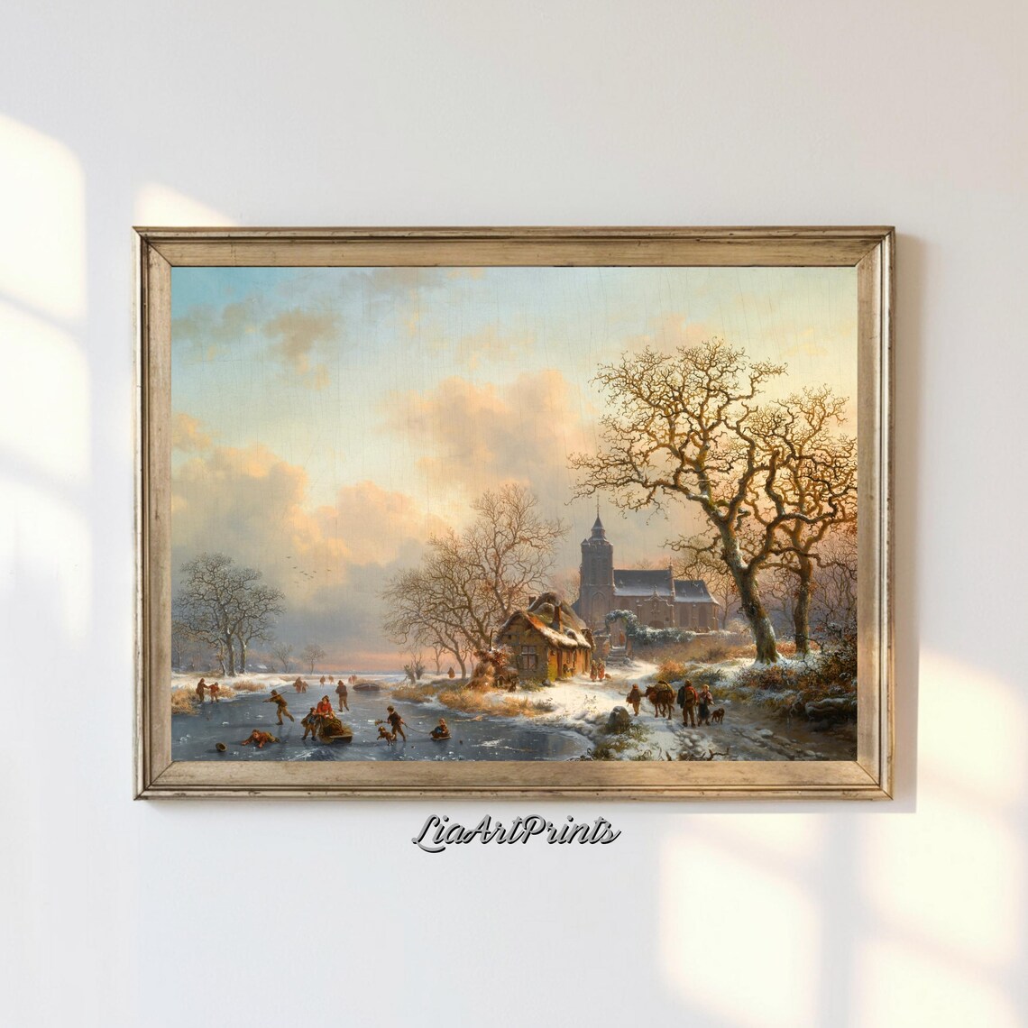 Winter Village Skaters Vintage Oil Painting with Frozen River and Church Poster