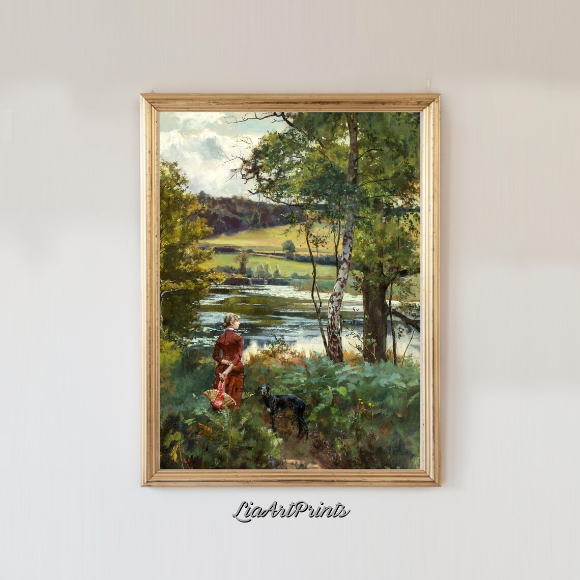 Serene Riverside Walk with a Woman and Her Dog Vintage Lakeside Print - Image 4