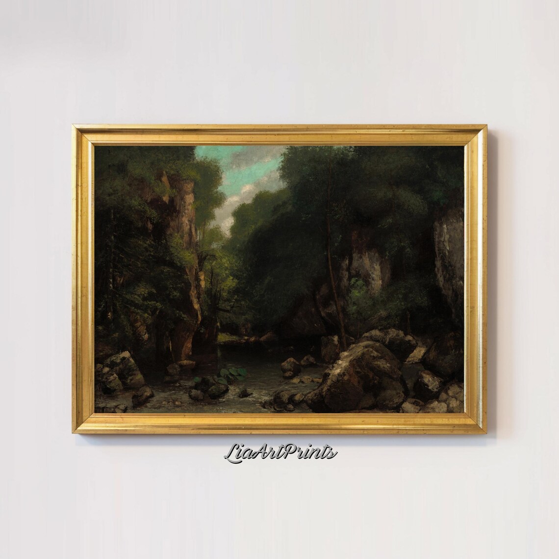 Dark Forest Gorge Rocky Stream Antique Muted Woodland Painting Poster - Image 2