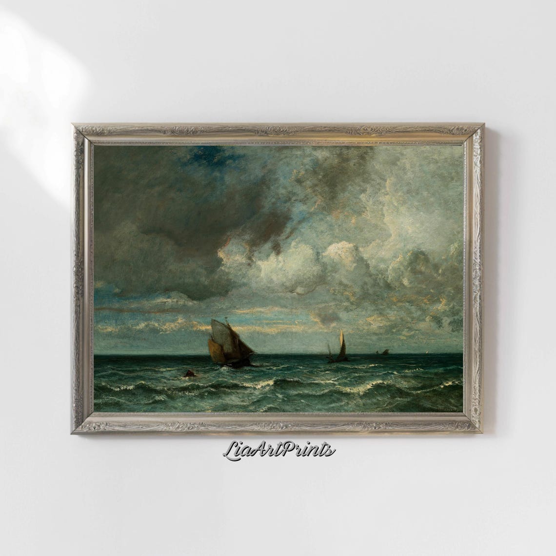 Stormy Seascape Sailboats Dramatic Clouds Antique Marine Art Poster - Image 4