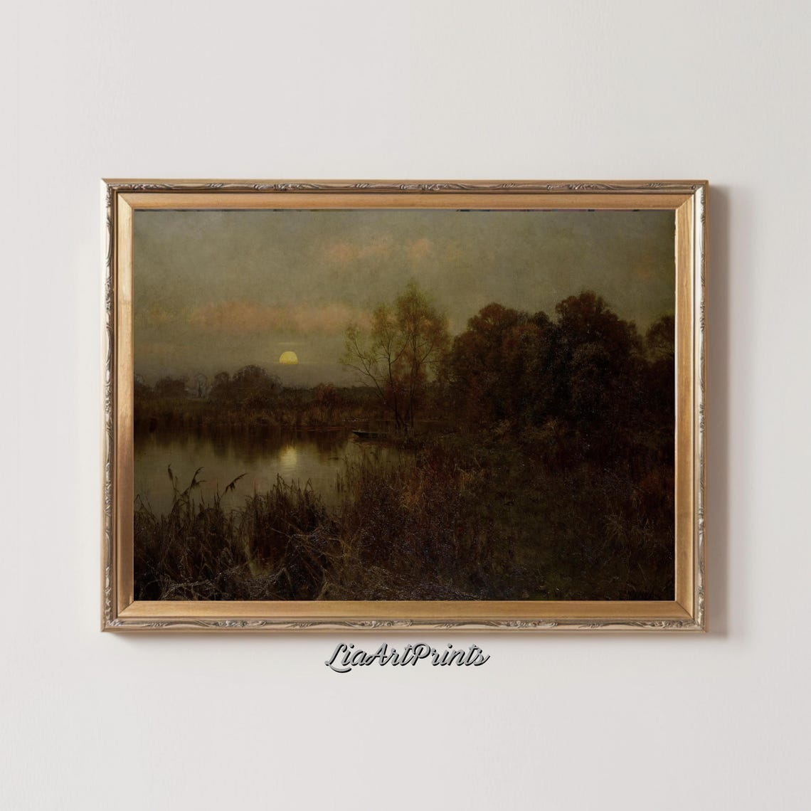 Golden Moon Over a Still Lake at Dusk Dark Moody Landscape Poster - Image 2