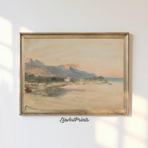 Pastel Coastal Landscape Soft Hills Calm Sea Vintage Watercolor Poster