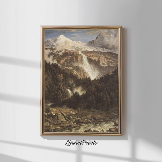 Vintage Mountain Waterfall Wall Art Print Classic Landscape Artwork Nature Scene Art Rustic Cottagecore Decor