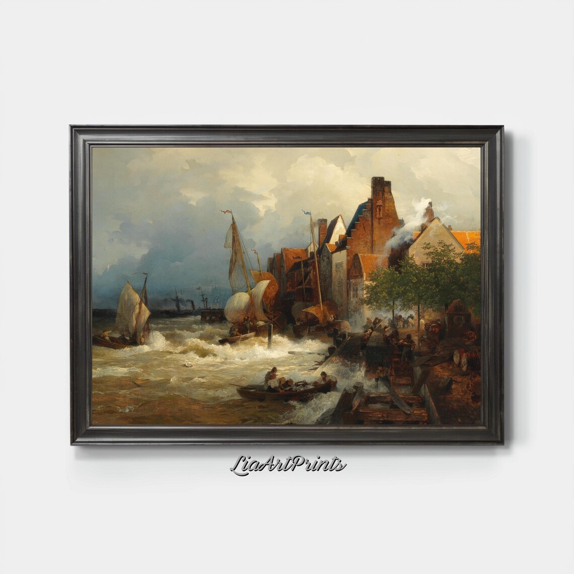 Stormy Harbor Scene, Seaside Town and Sailboats - Image 4