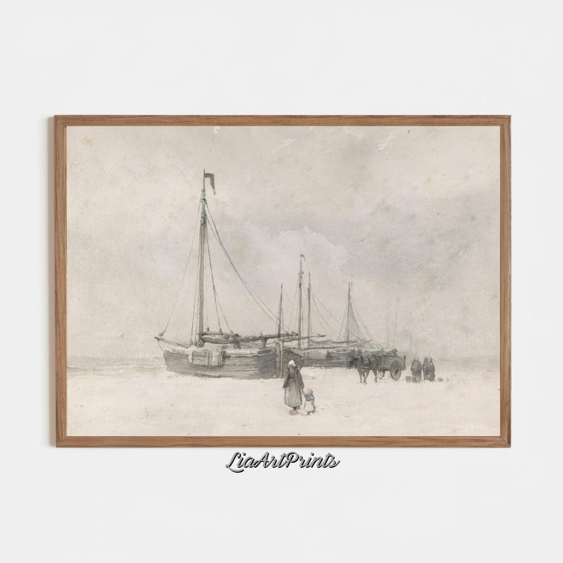 Vintage Harbor Sketch Beached Boats with Figures Minimalist Art Poster - Image 3