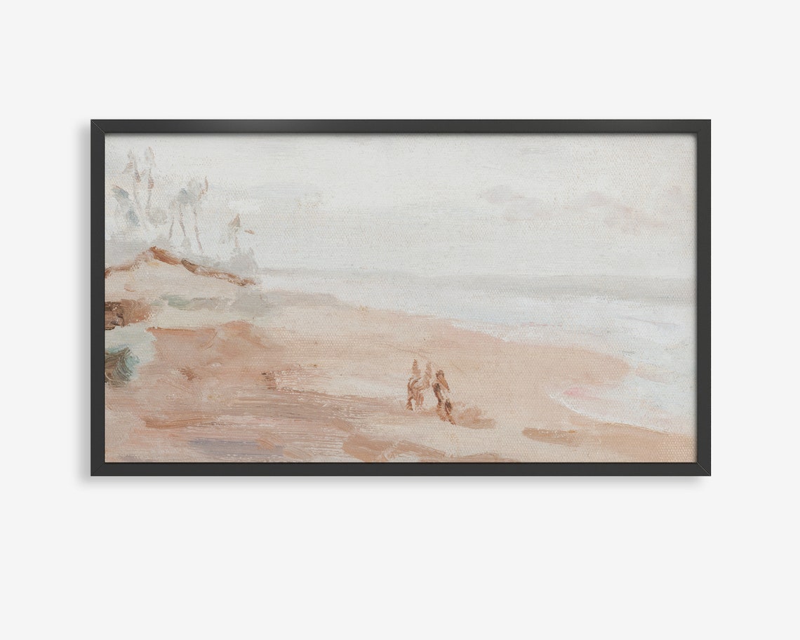 Serene Beach Walk Watercolor Poster Two Figures on Soft Sand Art