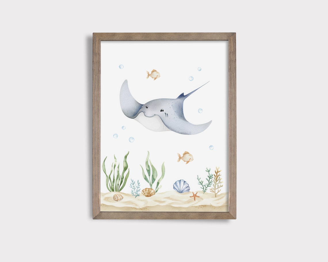 Cute Stingray Watercolor Poster, Ocean Nursery Wall Decor Art