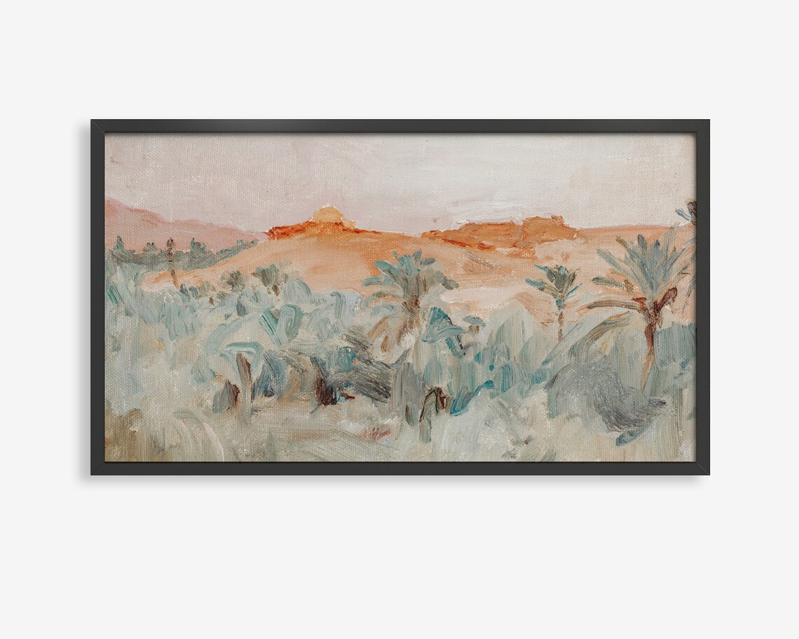 Desert Oasis Palms Watercolor Poster Red Mesas Boho Landscape Art