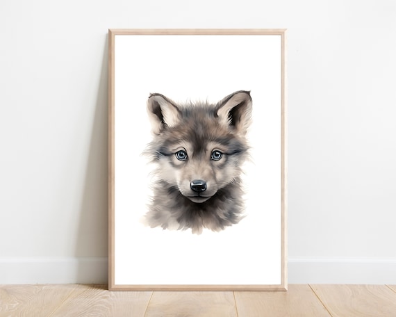 Cute Baby Wolf Pup Watercolor Portrait Nursery Woodland Poster