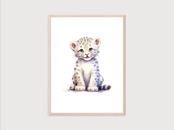Baby Snow Leopard Watercolor Nursery Animal Art Print