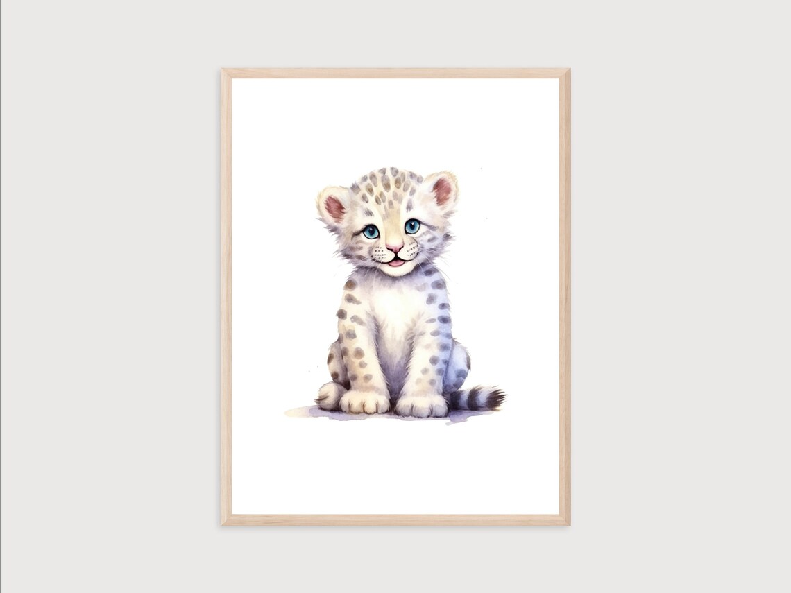 Baby Snow Leopard Watercolor Nursery Animal Art Print