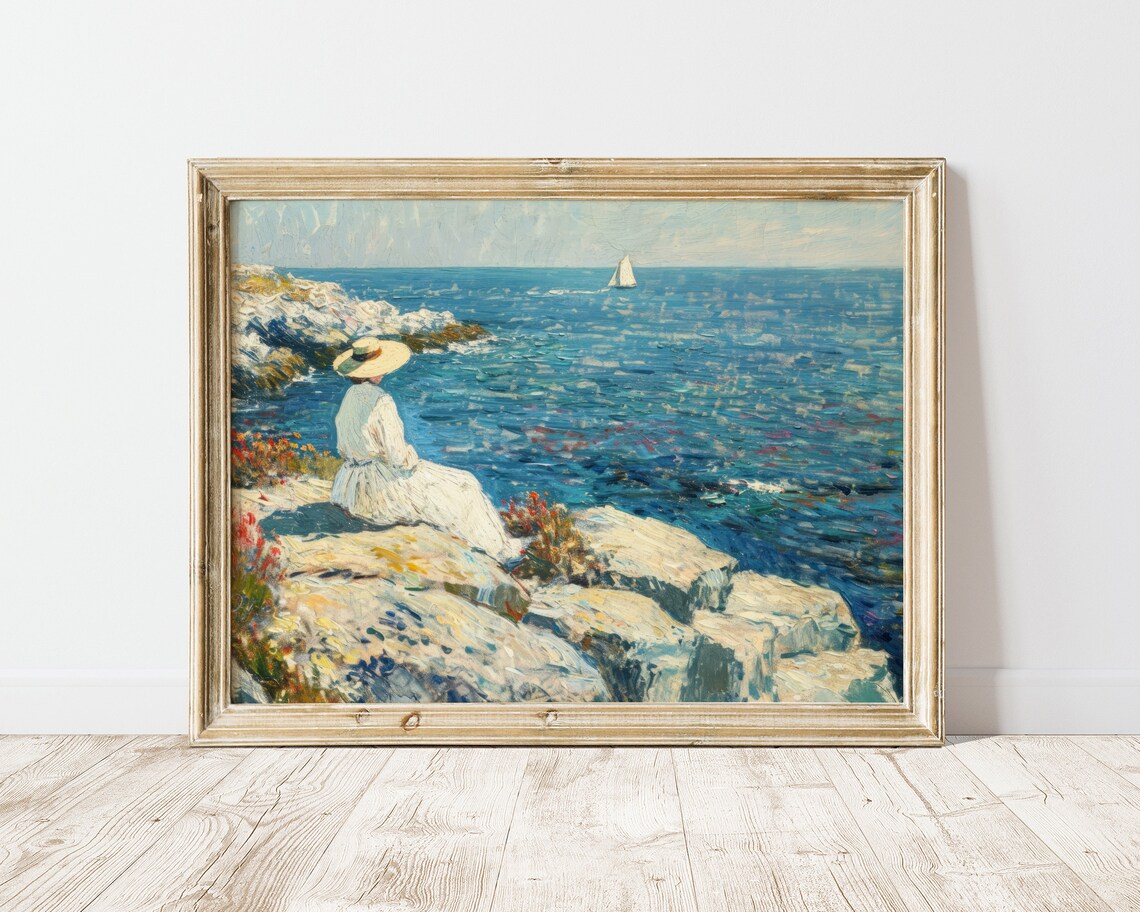 Woman Overlooking the Sea Sailboat Coastal Oil Painting Art Poster - Image 2