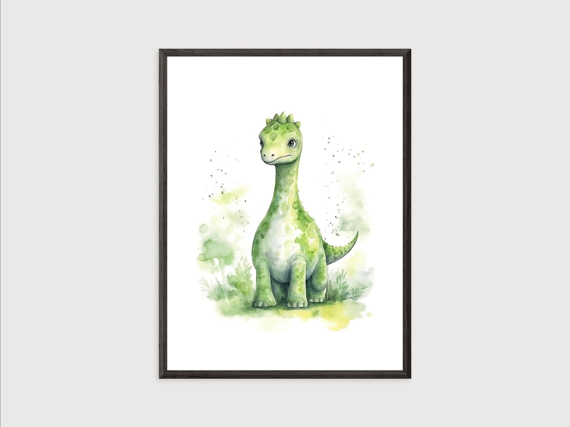 Adorable Green Long Neck Baby Dinosaur Watercolor Nursery Poster - Image 2
