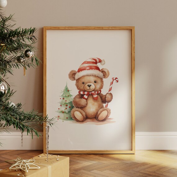 Christmas Teddy Bear In Santa Hat With Candy Cane Holiday Poster
