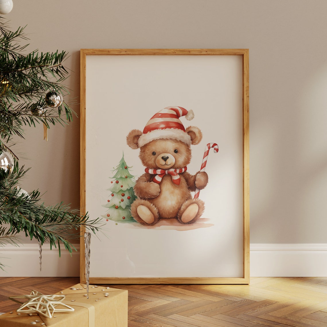 Christmas Teddy Bear In Santa Hat With Candy Cane Holiday Poster