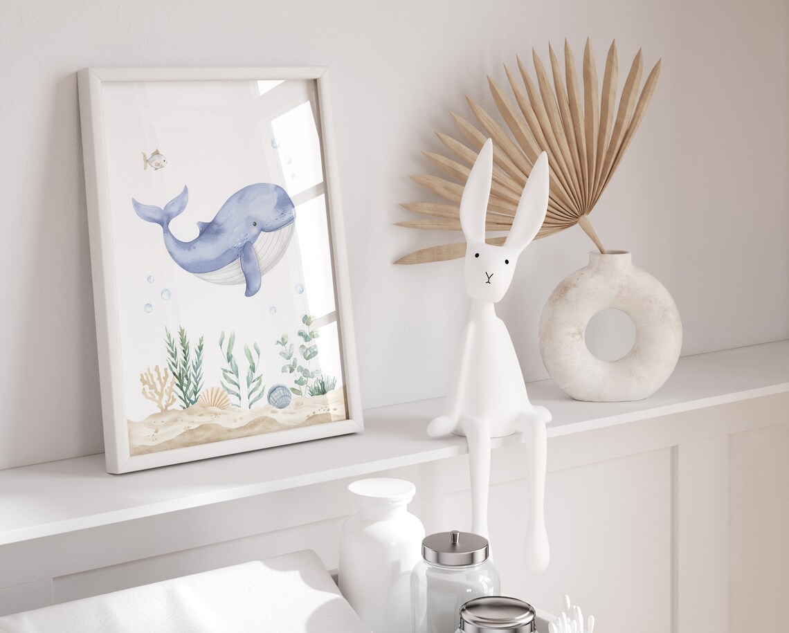Cute Blue Whale Watercolor Under the Sea Nursery Wall Art for Kids Room - Image 2